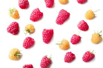 Fresh ripe raspberries on white background, top view