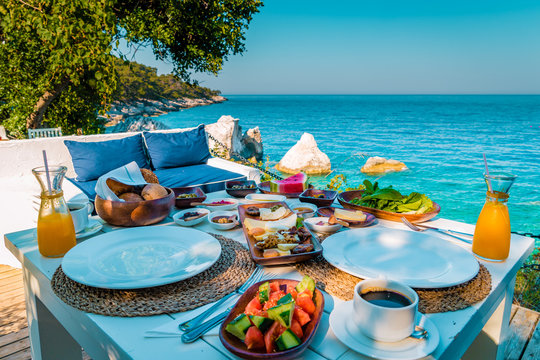 Turkish breakfast with a view over the ocean of Fethiye Turkey