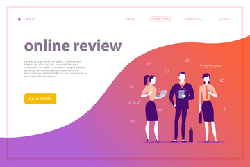 Vector web page concept design with online review theme. Office people stand watching on mobile device screen - laptop, tablet, smartphone. Thumb up, stars line icons. Landing page, mobile app, site.