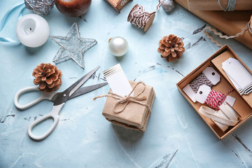 Beautiful composition with Christmas decorations on light table