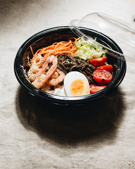 Delicious spicy noodles with meat in pot, traditional Asian food 