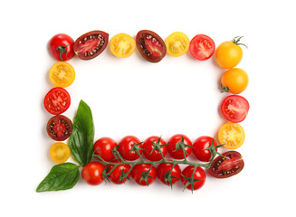 Frame made of fresh ripe cherry tomatoes on white background
