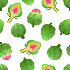 Vector seamless pattern with cartoon artichoke isolated on white.