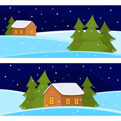 Fototapeta premium Vector Christmas banner of сute cartoon landscapes with house and fur tree.