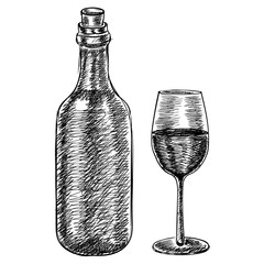 Wine bottle and a glass of wine. Hand drawn sketch in grunge style