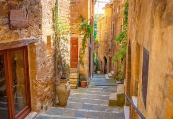 Beautiful street in a medieval town in Tuscany. Pitigliano. Italy