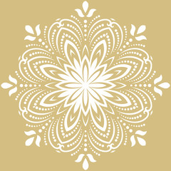 Oriental round white pattern with arabesques and floral elements. Traditional classic ornament. Vintage pattern with arabesques