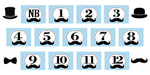 Little Man theme. 1-12 months, newborn photo banner. First birthday party for gentleman. Blue backdrop with stripes, black hat, mustache and bowtie. Set of  vector frame for scrapbook and invite card