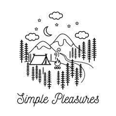Beautiful minimalist vector illustration - camping in a forest, Simple Pleasures