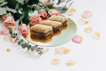 Baklava sweet dessert. Pastry made of layers of filo filled with chopped nuts and sweetened and held together with syrup or honey