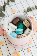 Composition of delicious macaroons in round gift box, sweet dessert