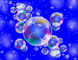 Realistic soap bubbles with rainbow reflection set isolated on the blue sparkling background.