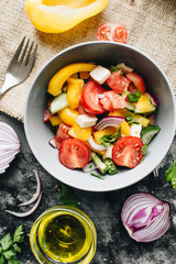 Delicious Greek salad or Horiatiki salad with ingredients