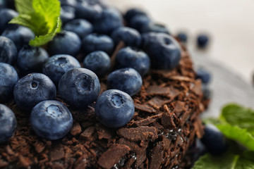 Delicious blueberry chocolate cake, closeup