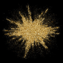 Golden glitter splash or gold powder particles splatter explosion. Vector abstract sparkling firework or luxury star dust on black background