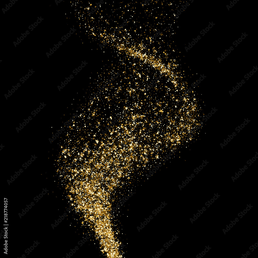 Poster Golden glitter wave twist or sparkling particles mist or flame wave in space light. Vector abstract gold shine spiral twirl trace on black background