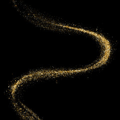 Golden glitter glare wave or gold sparkling light twist trail on premium luxury background with glittery mist effect