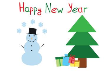 Snowman and firtree new year postcard