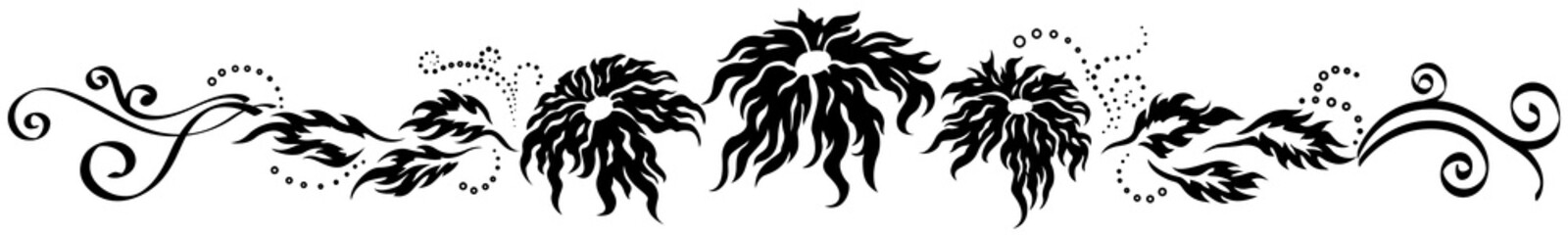 Three black fantasy flowers with leaves and pattern