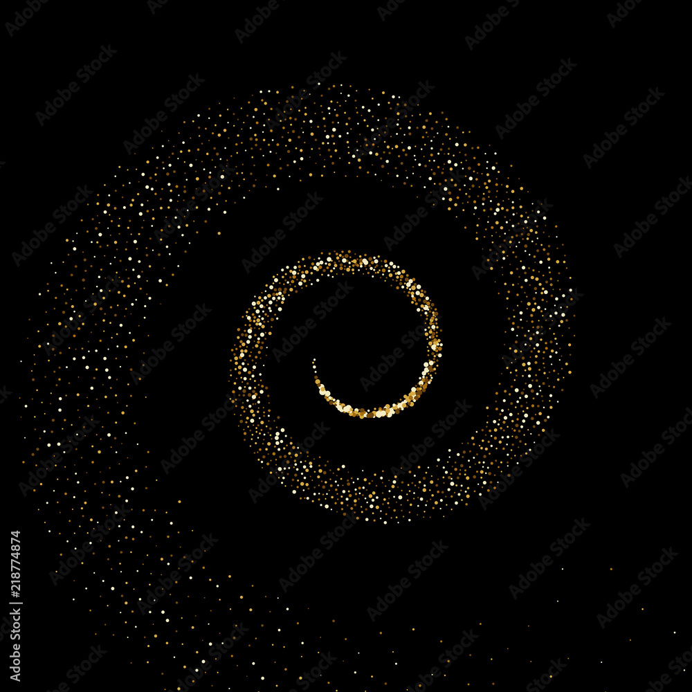 Poster golden spiral particles or gold sparkling twirl circle of sparkling glare flares. vector abstract sh