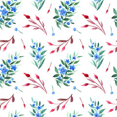 watercolor seamless pattern with floral branches, dogrose berries and blue flowers