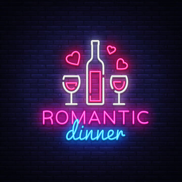 Romantic Dinner Neon Logo Vector. Wine neon sign, design template, modern trend design, night neon signboard, night light advertising, light banner, light art. Vector illustration
