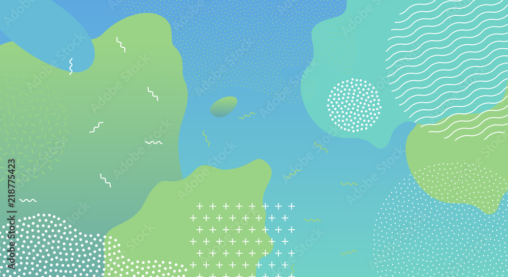Poster Abstract liquid color pattern and pop art line and dots background. Vector splash overlay geometric design in trendy Memphis style