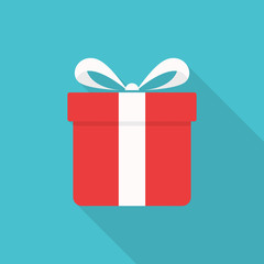 Gift box icon with long shadow on blue background, flat design style