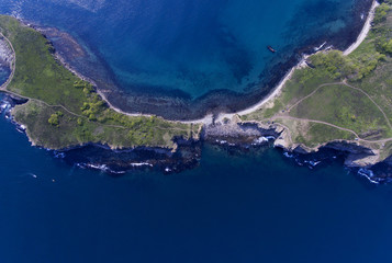 Aerial view of the Japanese Sea and rocks on the island