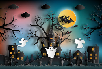 Fototapeta premium Paper art style of haunted house with ghosts, bats, tombstone and full moon for banner, poster or background.