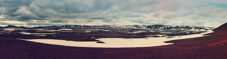 Panoramic view of caldera field with snow in Askja volcano crater in Iceland