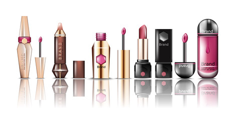 Lipstick cosmetics set collection Vector. Realistic detailed beauty products mock up. Product packaging design label brand. Advertise template banners