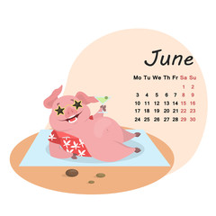 Cute month calendar with pig for June 2019