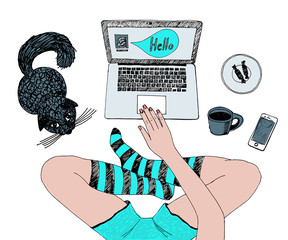 Hand drawn vector illustration of young pretty woman with red cat is chatting online. Sitting cross-legged and using laptop at home. Colored sketch isolated on white background