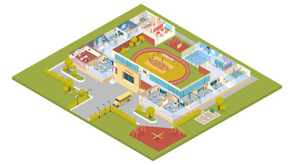 School building interior isometric with yard and bus