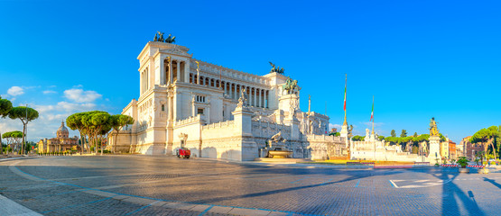 Panoramic of the Monument of Victor Emmanuel II at Venezia Squara at sunrise. Rome, Italy