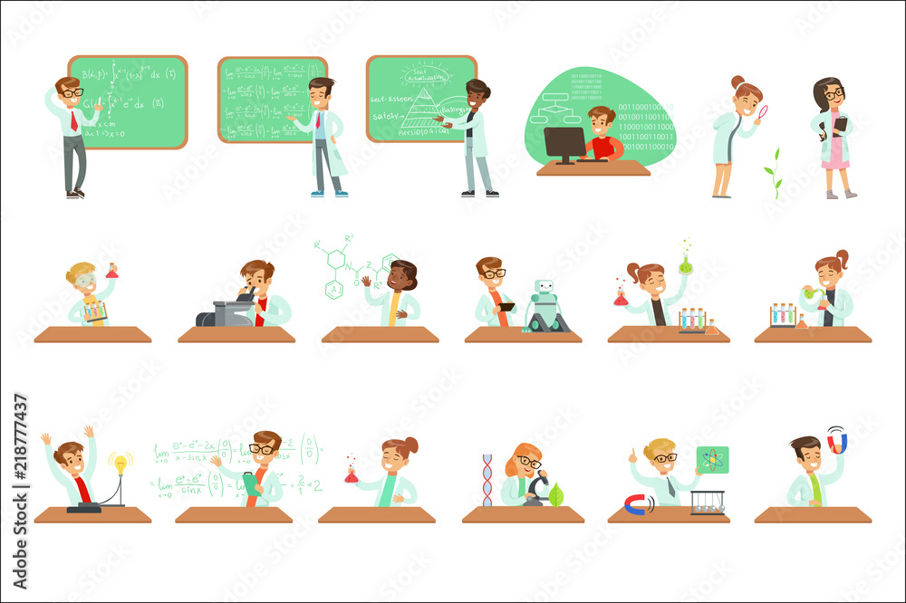 Poster kids in lab coats doing science research dreaming of becoming professional scientists in the future 