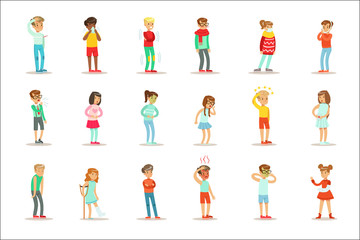 Fototapeta premium Sick Children Feeling Unwell Suffering From Sickness Or Injury Needing Healthcare Medical Help Set Of Cartoon Characters