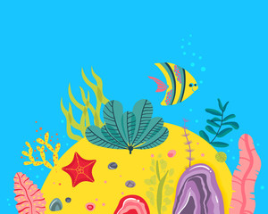 Background with ocean bottom, corals reefs, seaweed. Vector abstract illustration of an underwater landscape in a cartoon style