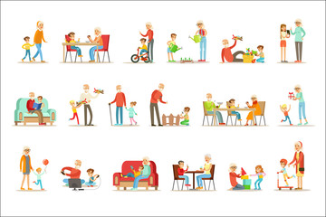 Grandfather And Grandmother Spending Time Playing With Grandchildren, Small Boys And Girls With Their Grandparents Set Of Collection