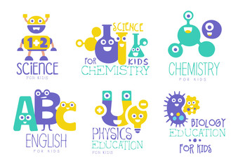 Kids education and learning logo set, chemistry, physics, english, biology creative badges vector Illustrations on a white background
