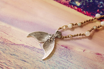 Mermaid tail necklace with waxed string and stone beads
