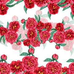 Seamless pattern watercolor flowers pionies. Color wild flowers illustration