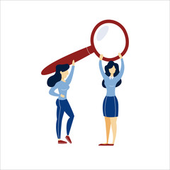 Business people holding a giant magnifying glass.