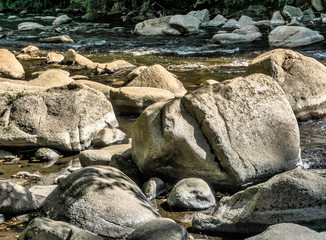 Fototapeta premium Large stones, boulders and boulders in the Bode near Thale, as places for rest, contemplation and meditation