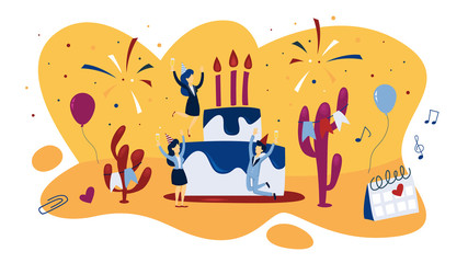 People celebrate birthday on a giant cake