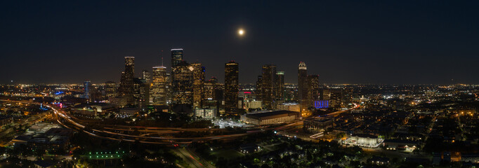 Aerial night panorama Houston Texas city downtown