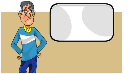 cartoon disgruntled man with glasses looking at an empty card
