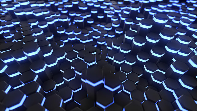 3D rendering Abstract hexagon with neon geometry background © davstudio