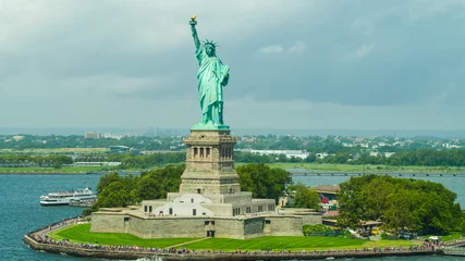 Sheer curtains Statue of liberty Aerial drone photo of the Statue of Liberty